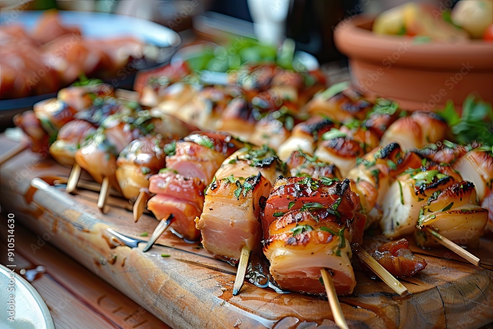 Poster a plate of meat skewers with herbs and spices on a wooden board. the skewers are arranged in a neat 