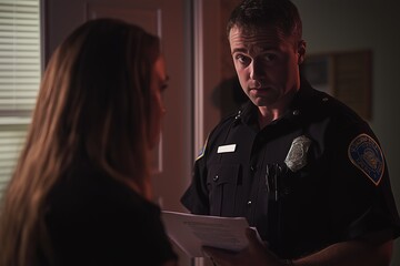 Police Officer Taking Incident Report from Concerned Homeowner After Experiencing Break-in Generative Illustration