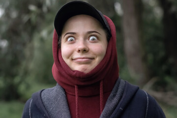 A funny girl in a cap and hood with a strange smile and a look in nature