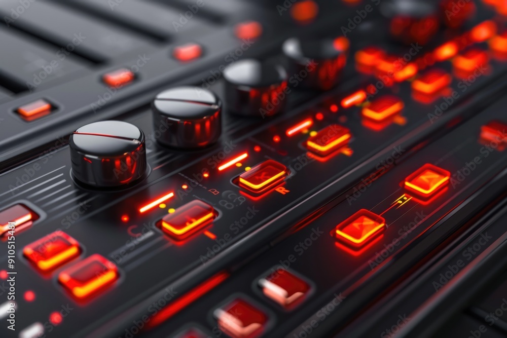 Fototapete a close-up view of a control panel with red lights, suitable for use in technical or industrial sett