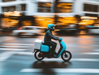 Fototapeta premium Delivery person on scooter speeding through busy city street with blurred background during evening hours