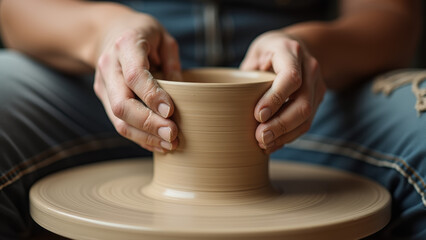 A close-up of hands shaping a clay pot on a pottery wheel, capturing the intricate process of craftsmanship and creativity, with a focus on the clay and hands.