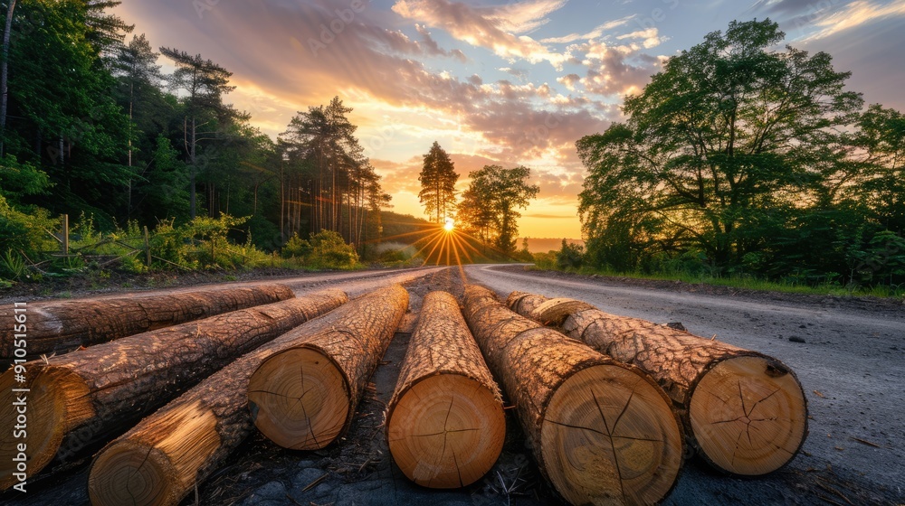 Poster a forest with a road in the middle and a large tree in the foreground. the sun is setting and the sk