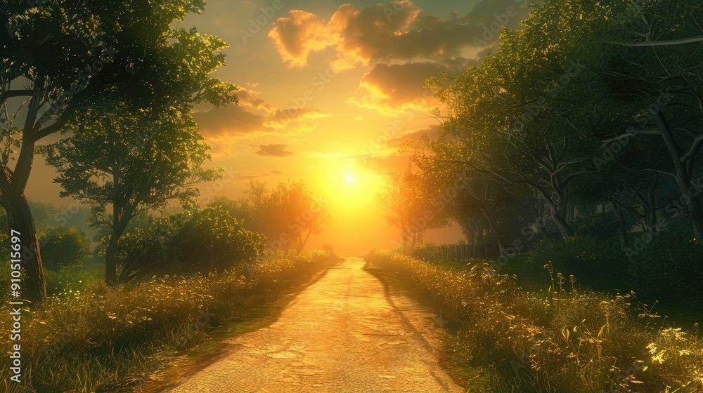 Poster a road with trees in the background and a sun setting in the sky. the sun is setting behind the tree