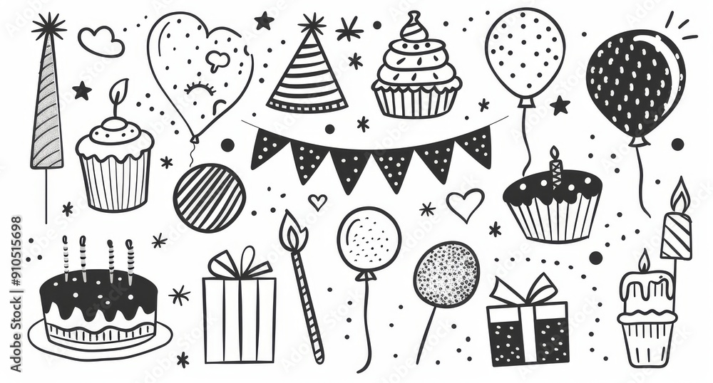 Wall mural an illustration concept of a birthday cake, balloon, carnival celebration background. hand drawn doo