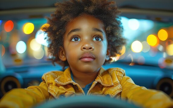 A child eagerly anticipates watching a movie at a drive-in theater, surrounded by colorful lights and a joyful atmosphere