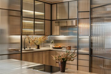 Chic kitchen interior featuring textured glass and modern appliances