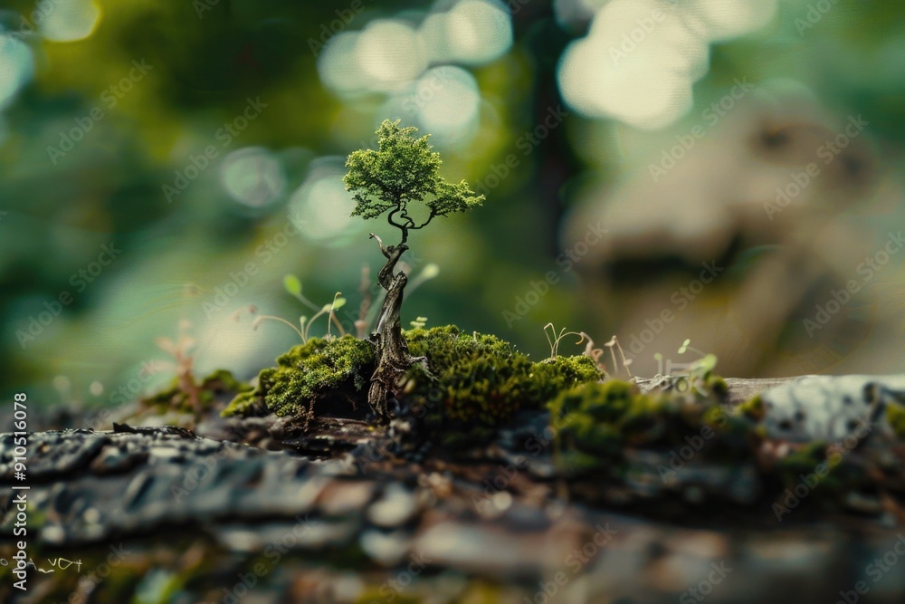 Poster a small tree sprouts from the top of a decaying log, symbolizing resilience and new life