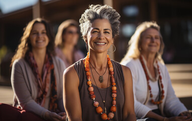 Fototapeta premium A cheerful group of senior women gathers outdoors, sharing smiles and laughter while enjoying each other's company in a sunny atmosphere