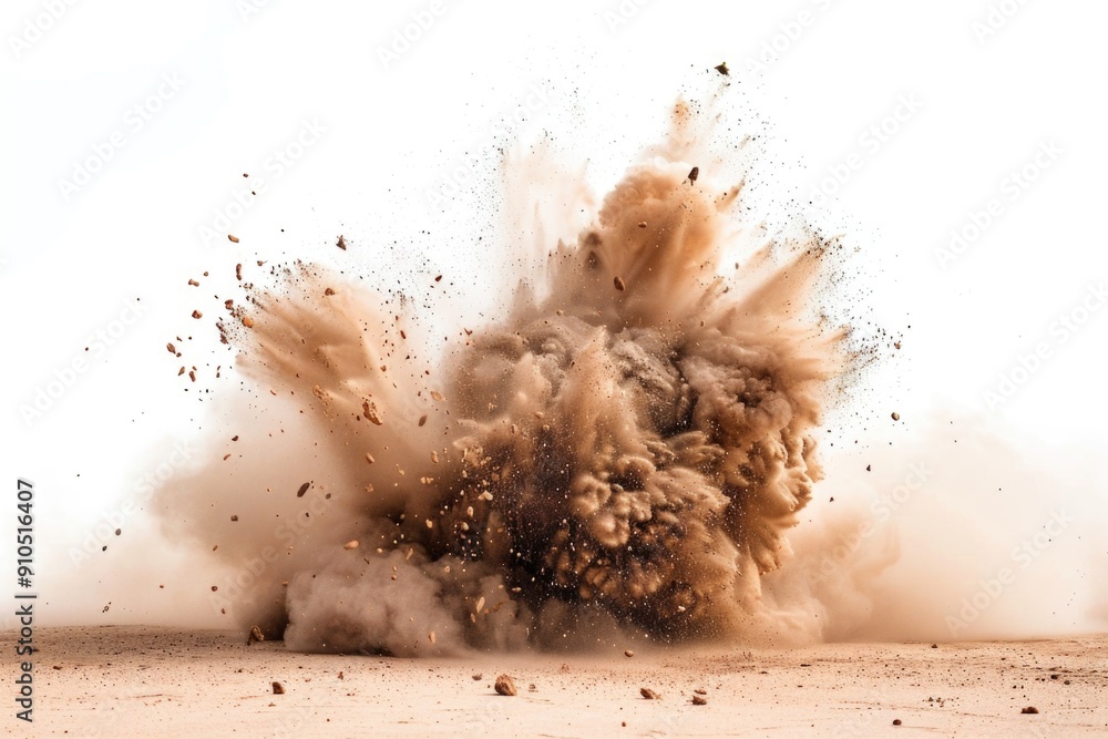 Poster A massive cloud of sand and debris erupts in the middle of a desert, with a chaotic vortex of dust and particles swirling outwards