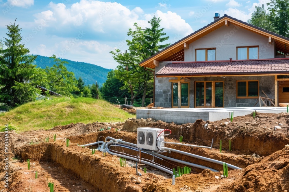 Poster Newly built house with pipes installed in front, ideal for architecture or construction use