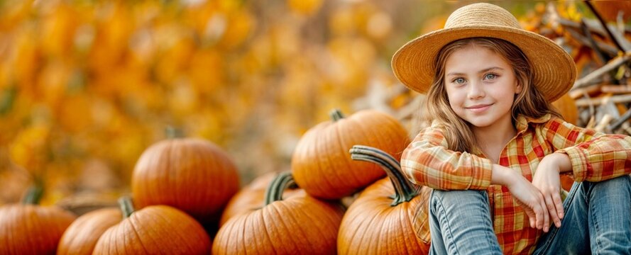 Pumpkin autumn field. Teen girl in fall patch. Family harvest festival child banner. Thanksgiving girl, happy kid with halloween farm landscape. Outdoor Thanksgiving harvest holiday pumpkin banner