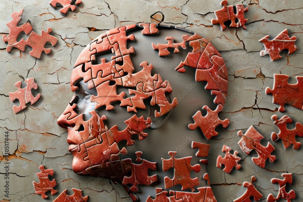 Poster close-up of a puzzle piece head on a wooden table, suggesting creativity and problem-solving