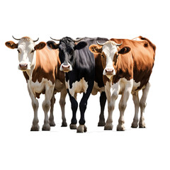 View from behind of three cows in different colours (black, brown and white) looking slightly back, isolated on a transparent background, animal collection