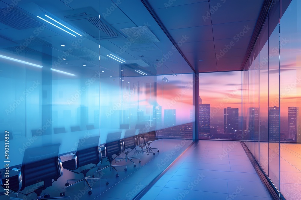 Poster empty conference room with a city view, ideal for offices and meeting spaces