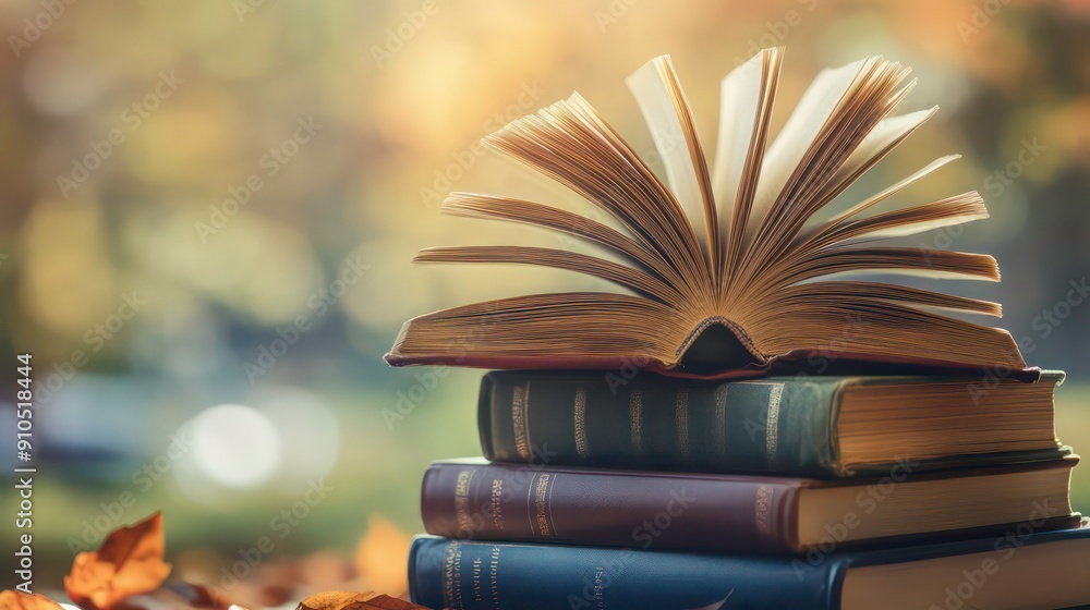 Poster open book on a stack of books with autumnal background.