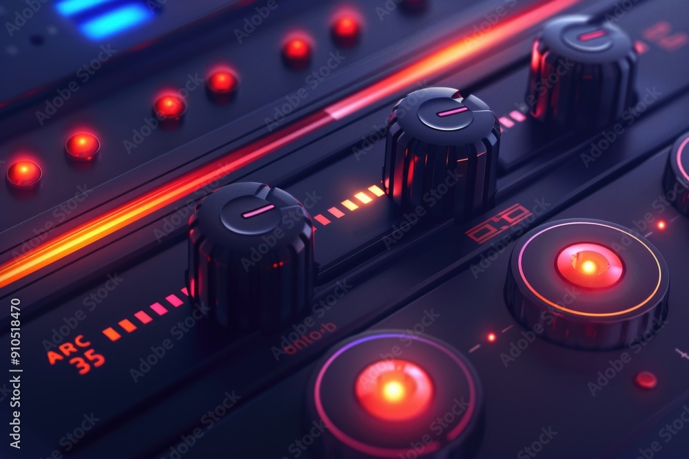 Poster a close-up view of a control panel with red and blue lights