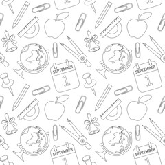 Seamless back to school pattern, school supplies, office items. The background is suitable for printing on fabric and paper for the first of September.