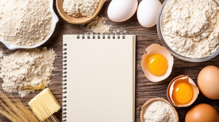 Fresh eggs are arranged beside wheat stalks and a blank notebook, inviting recipe ideas for delicious dishes