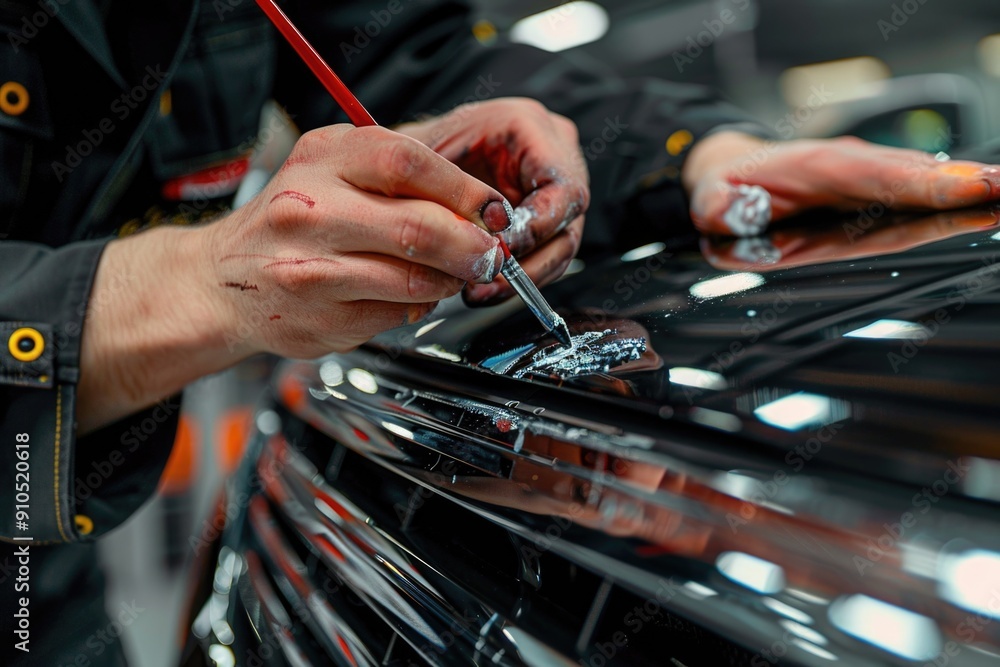 Poster a person works on a car engine, providing an intimate view of the process