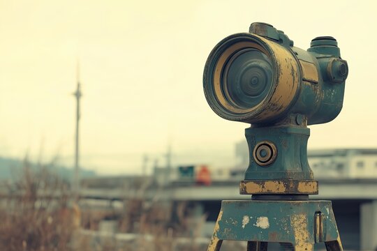 A geodesic theodolite in use, with a blurred background