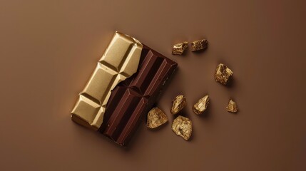 A partially unwrapped chocolate bar with gold foil pieces scattered around it on a brown background. - Powered by Adobe