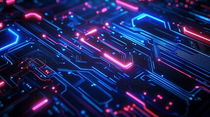 Fototapeta premium Neon lines on a dark blue circuit board, showing the concept of technology.