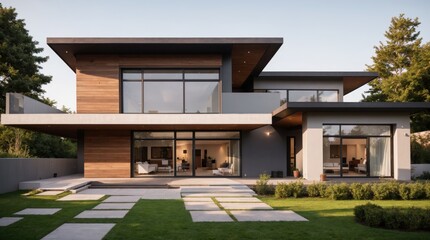 Chic Home Large Windows Wood Accents Landscaping Dusk 