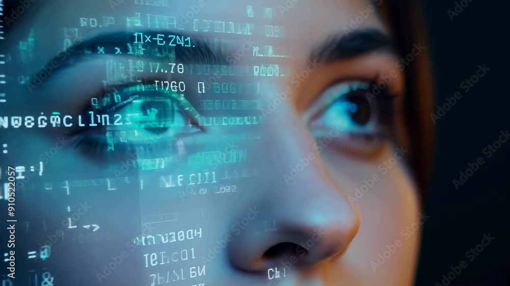 Aufkleber a woman's face with code overlay on the screen, reflected in the eyes. concept: data analysis progra