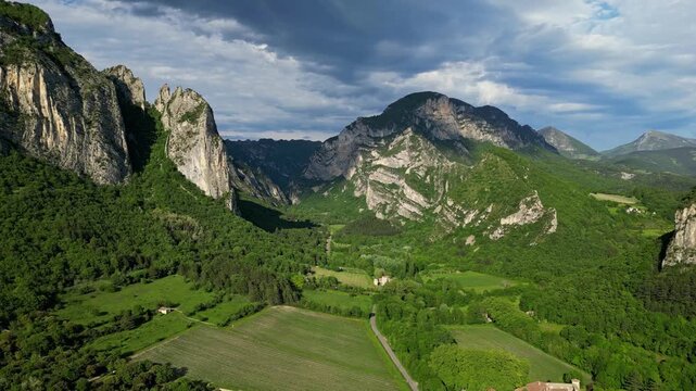 Panoramic view of the small town of saou in the Drome department in France of the Vercors hills, the marly hills and the Val de Drome valley. The Saou forest in France, at 7 JUly 2024