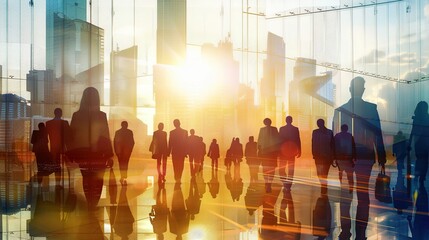 Silhouettes of People Walking in Front of a City Skyline Reflected in Glass