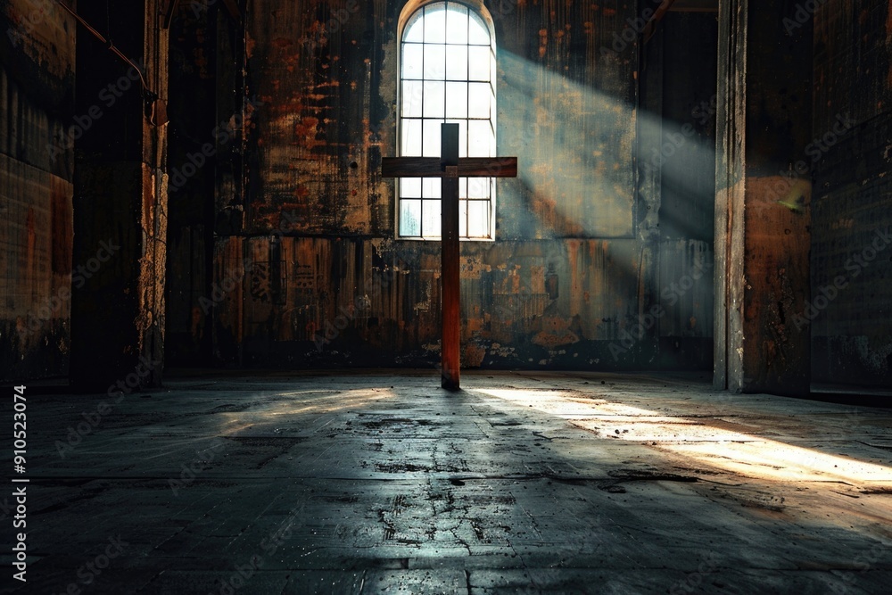 Poster A cross in an old building with sunlight streaming through the window
