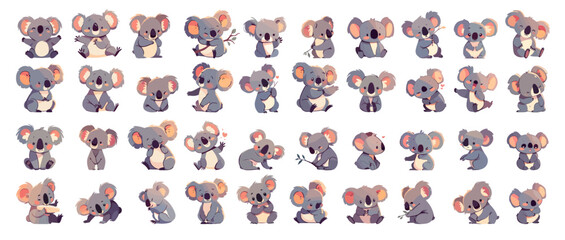Cartoon cute koalas set. Australian wild animal in different poses, fluffy baby koala mascot eats leaves vector illustration