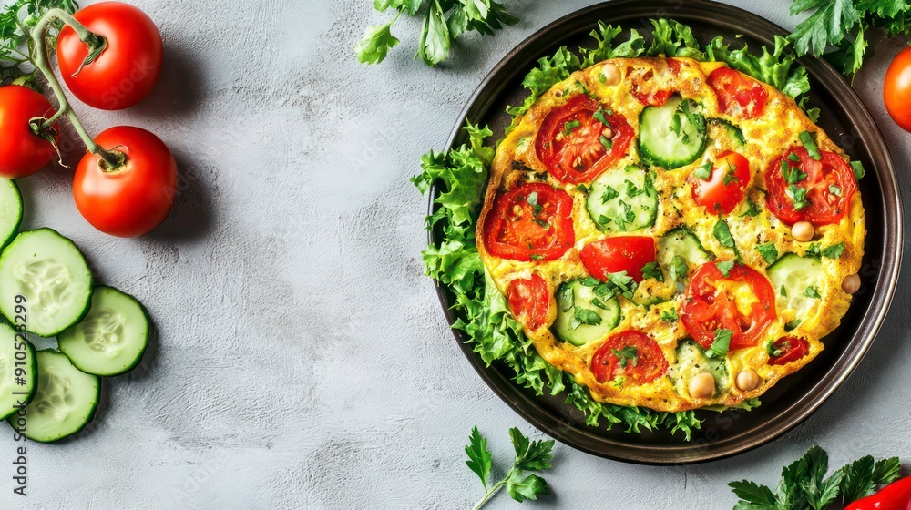 Aufkleber Scrambled eggs with tomatoes and cucumber on a plate with parsley.