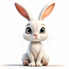 Cute, animated rabbit with large ears and big eyes, sitting on the ground with its paws tucked under its body.
