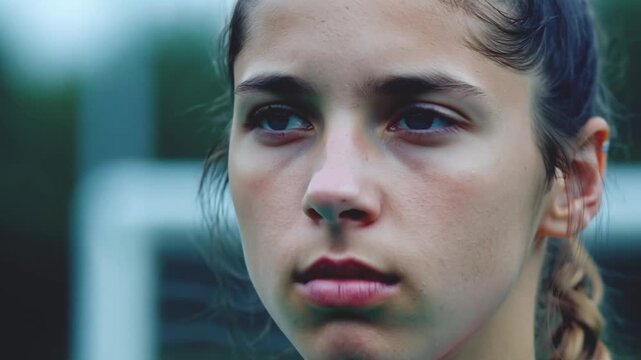 Macro shot of a female athlete looking around slowly with a muted tone color grade.