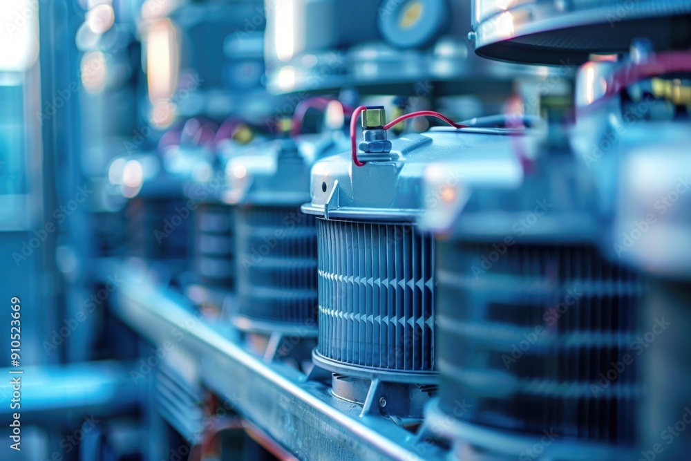 Poster Conveyor belt transporting rows of cooling fans in a factory setting