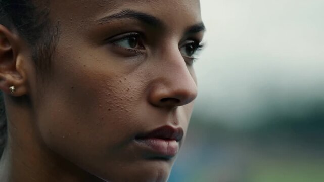Macro shot of a female athlete looking around slowly with a muted tone color grade.