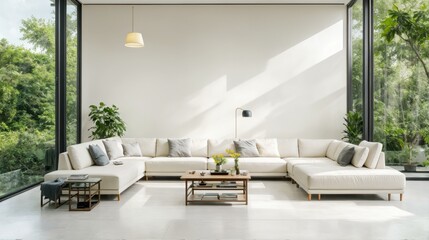 Designer living room white sectional sofa big windows greenery 