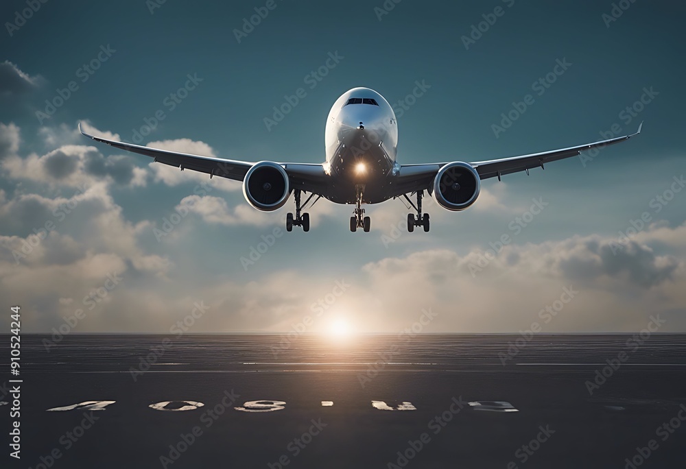 Wall mural airplane landing aeroplane aerodrome airliner aircraft airbus airfield commercial engine flight fly fuselage gear getting glide holiday jet land light plane ready runway sail sepia sky skyline