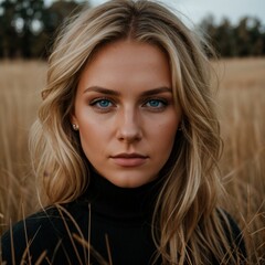 Naklejka premium Dreamy lady sporting piercing sapphire eyes in swaying pasture