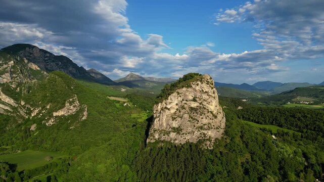 Panoramic mountain view near the village of Saou in the Drome department in France of the Vercors hills, the marly hills and the Val de Drome valley. The Saou forest and the 3 peaks - Drome Valley