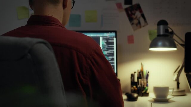 Freelance. Man with glasses in home office concentrated programming making edits in evening room. European young man correcting program code working with programming assistant, software
