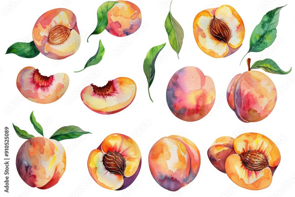 Poster fresh peaches with leaves, one sliced open for a closer look