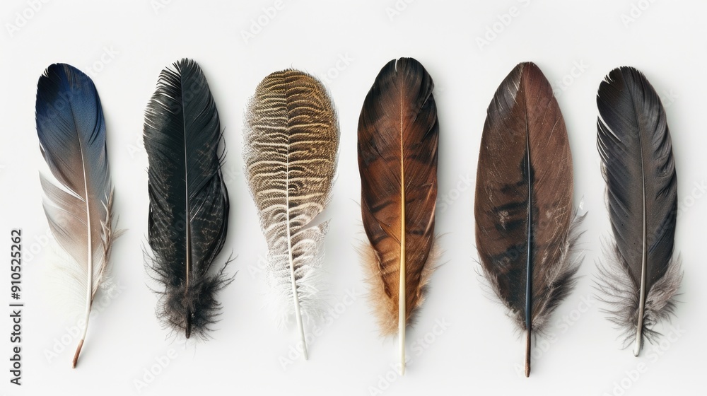 Poster a collection of colorful feathers arranged on a plain white surface