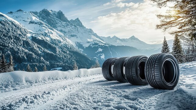 Four winter tires are positioned on a snowy path surrounded by majestic mountains under a clear blue sky