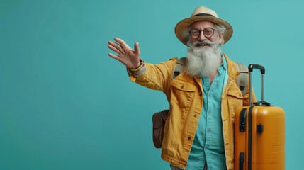 Happy bearded grandfather traveler with suitcase and backpack on blue background.