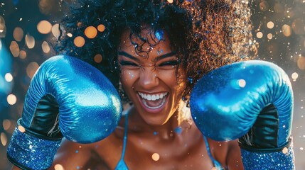 A female boxer joyfully celebrates her victory, showcasing her sparkling gloves and bright smile in an outdoor setting during sunset