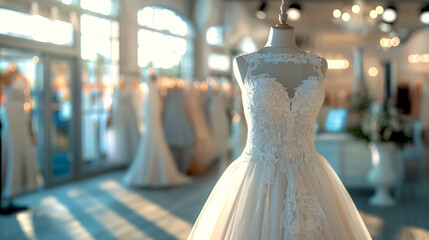 Naklejka premium Elegant Wedding Dress in Bridal Shop