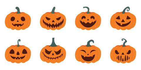 Halloween Pumpkins Vector Set Halloween pumpkins with different carved faces. Perfect for Halloween decorations, invitations and holiday decorations. Hand-drawn style, white isolated background.